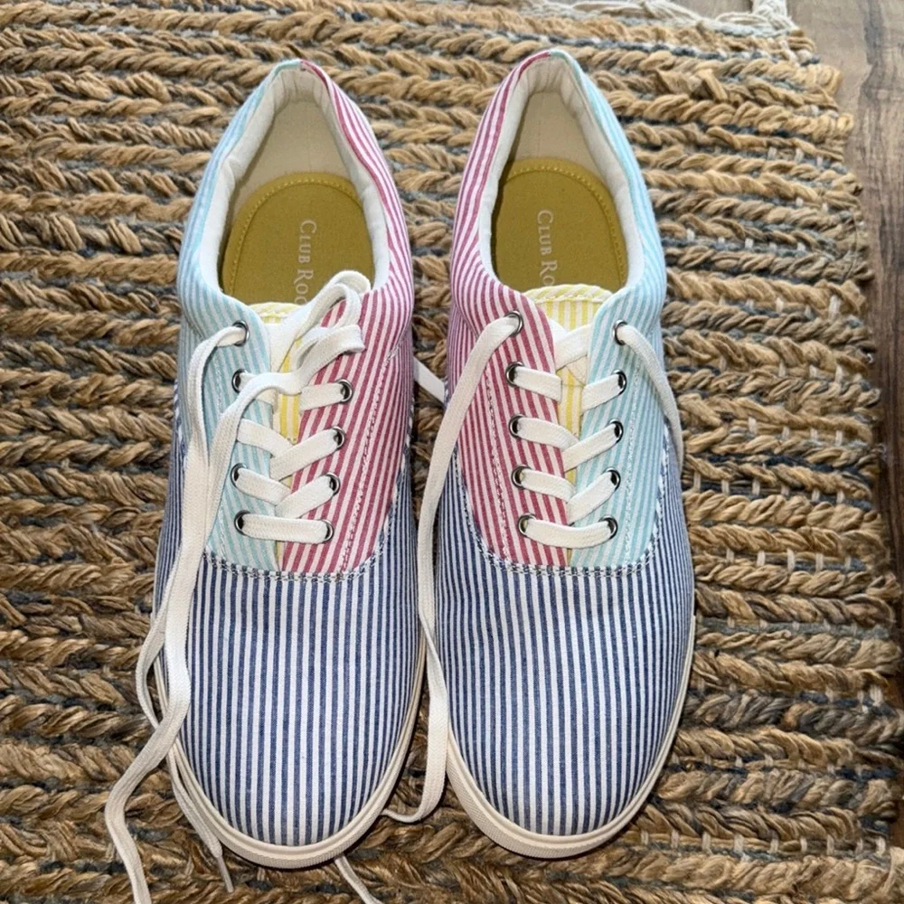 Striped Canvas Sneakers in Blue, Pink & Yellow